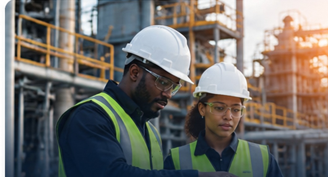 Engineers wearing safety helmets at an industrial facility